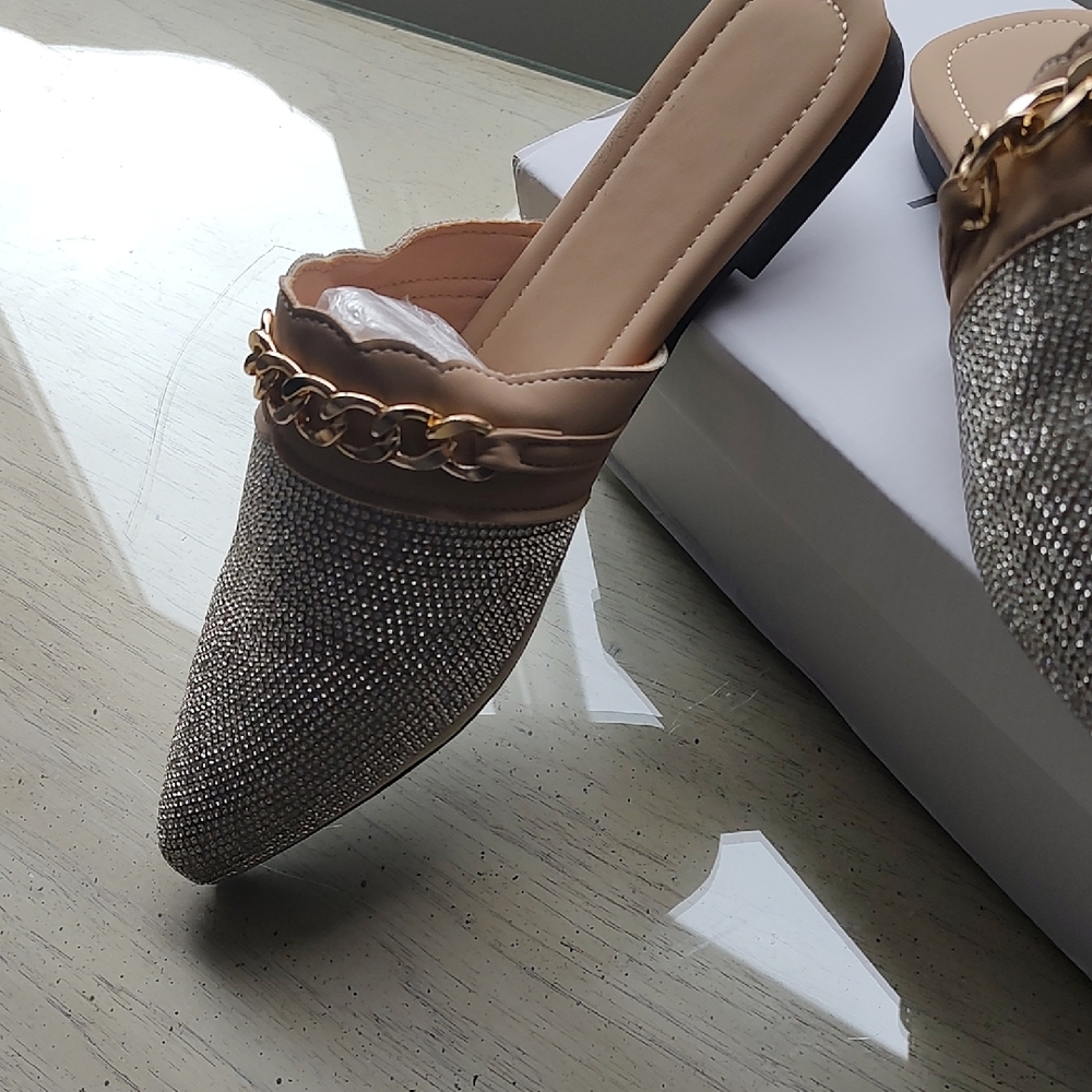 Rhinestone Pointed Toe Slip-On Mules in Beige - Picture 2 of 6